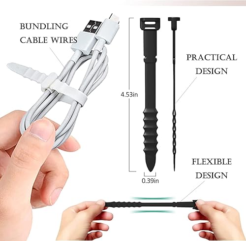 Miniatura 3 de 36 bridas de silicona reutilizables, bridas de goma para gestión de cables, organizador de cables elásticos de 4.5 pulgadas para organización de