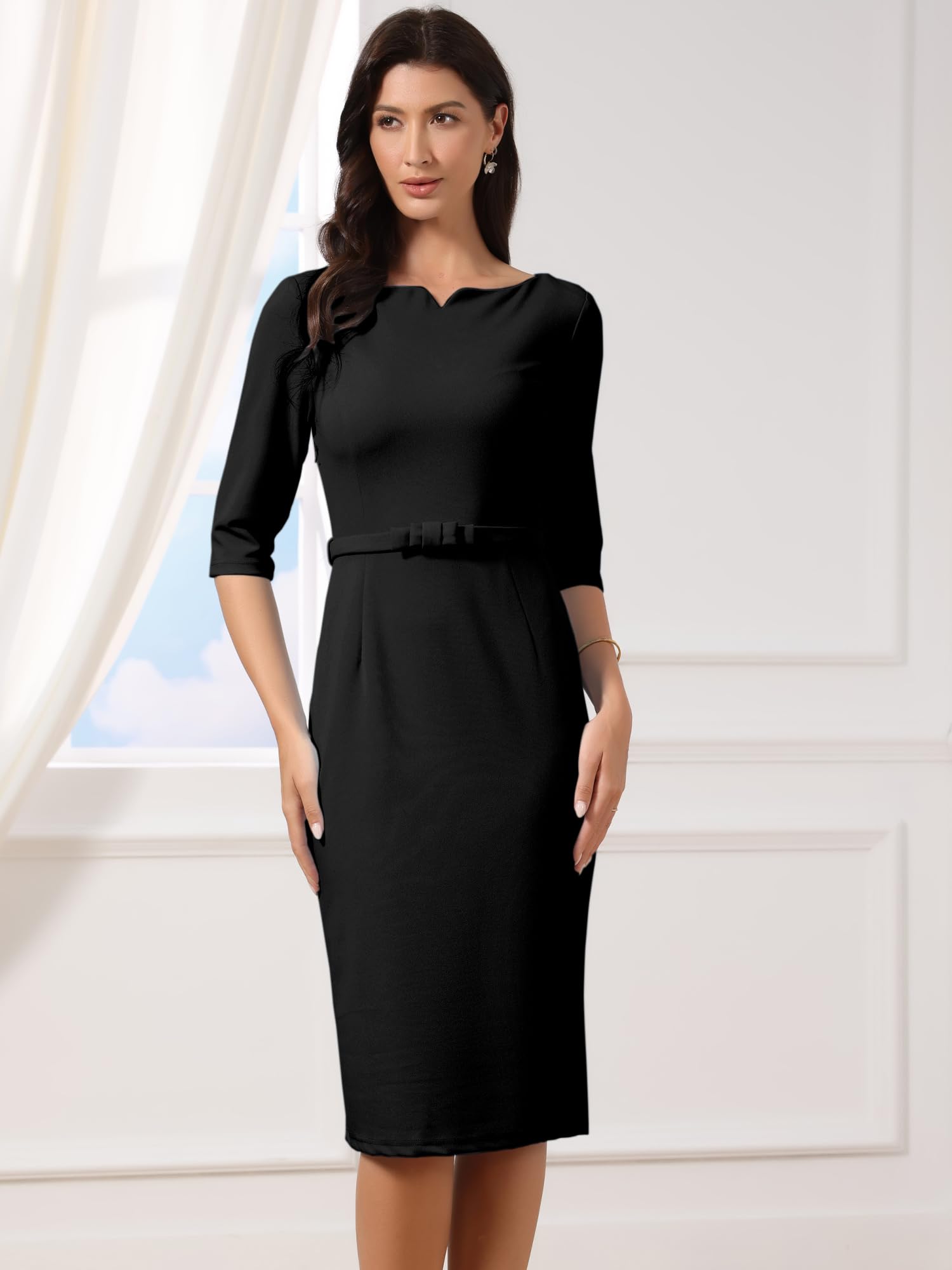 Allegra K Damen Midikleid mit Figurbetont 3/4-Ärmeln U-Boot-Ausschnitt Gürtel Arbeit Business Elegant Kleid