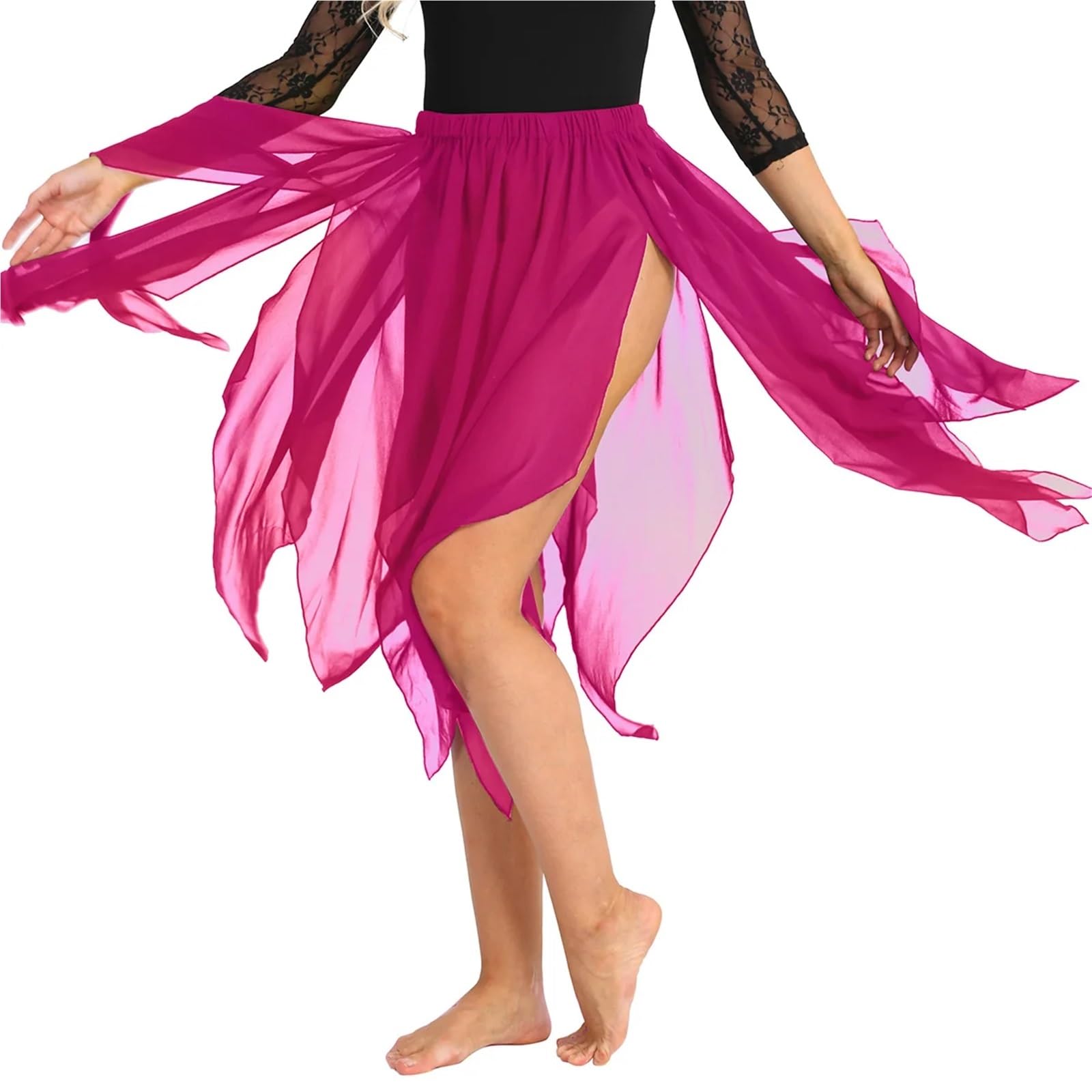 TRRYUIP Belly Dance Skirt Women Chiffon Belly Ballroom Dance Dancewear Elegant Mid-Long Latin Asymmetrical Hem Skirts(Rose B)