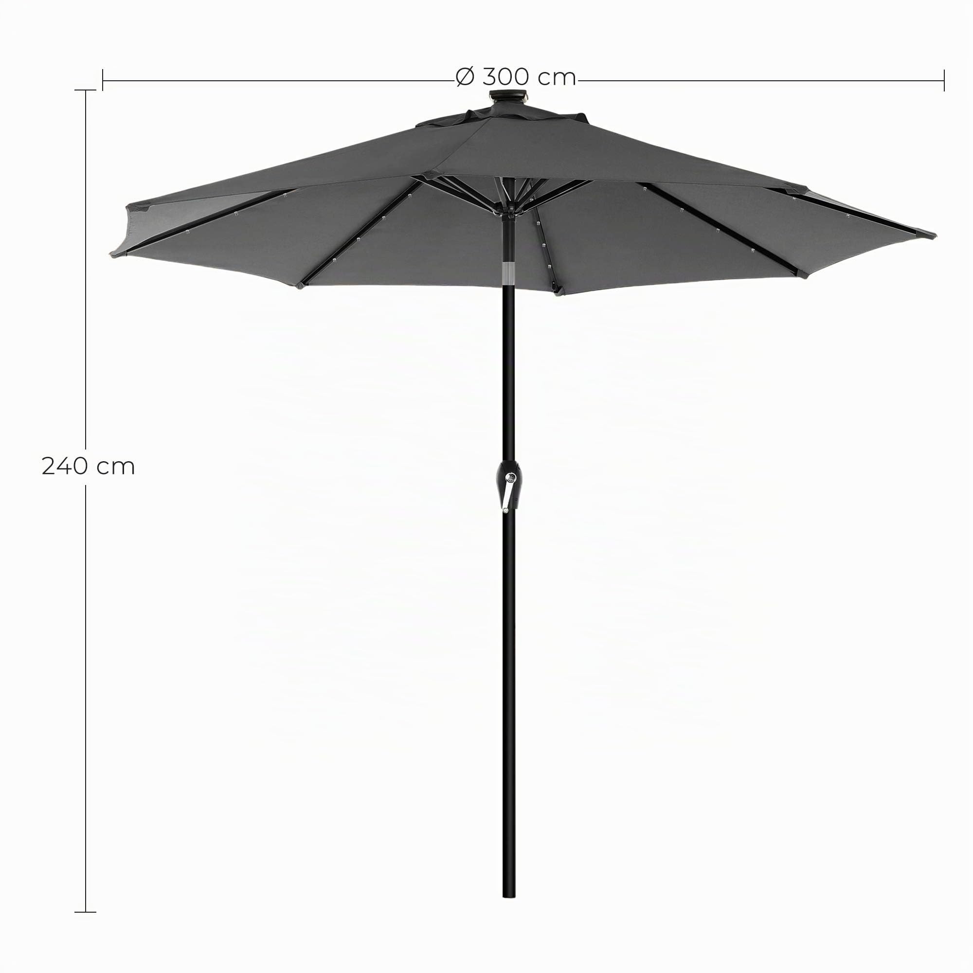 SONGMICS Parasol 300 cm avec éclairage solaire LED, 32 lumières LED, protection UV UPF 50+, pliable à 30°, pour jardin, terrasse, piscine, balcon, sans support, gris GPU33GY
