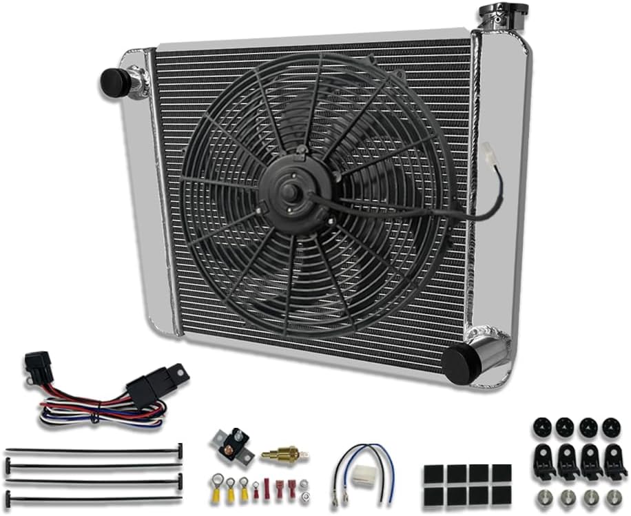 2 Rows Aluminum Radiator Fits GM Chevy SBC BBC 24" x 19" & 16" Wide Blade Electric Cooling Fan & Thermostat Relay Kit