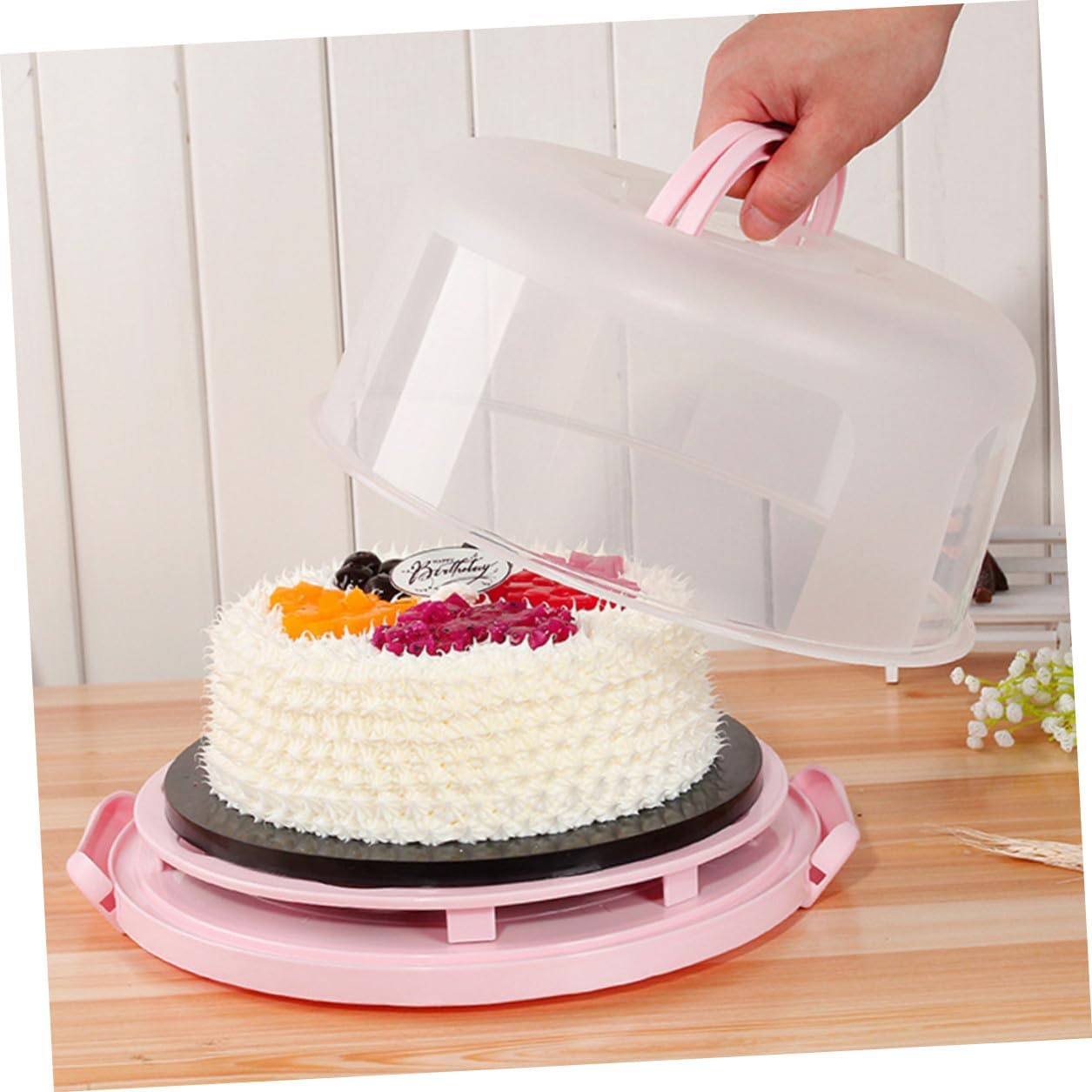 BESPORTBLE Reusable Round Cake Carrier with Handle Portable Blush Cake Container with Lid Transparent Dome for Protection and Easy Transport for Baking Picnics and Parties