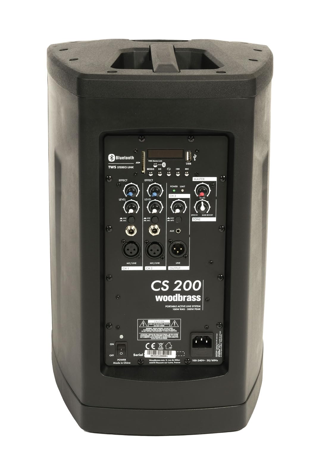 WOODBRASS CS200 Enceinte Active Amplifiée Sonorisation Puissante Bluetooth 200W - Class-D 105db - Sono Mobile, Robuste, Compacte, Performante, 5 entrées, sans Fil, DSP - DJ, Fête, Conférence, Concert