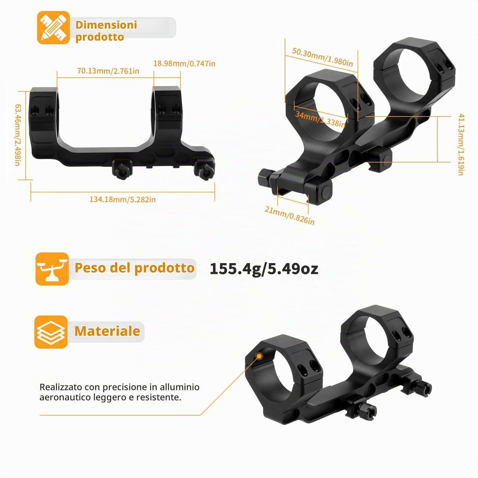 Anelli di montaggio per telescopio monoculare da 34 mm/1,34 '' Telescopio ad alto profilo da 4,1 cm Adattatore per montaggio ad anello in alluminio anodizzato nero offset doppio anello