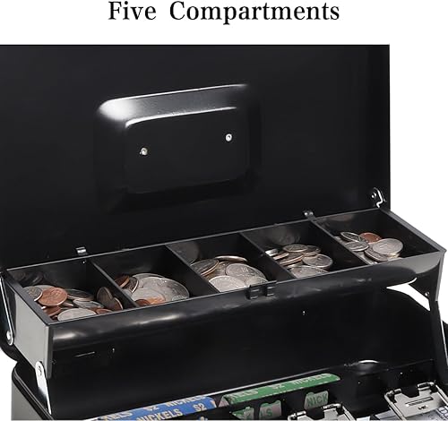 Miniatura 4 de Caja de efectivo con bandeja de dinero y cerradura de combinación, caja de metal duradera con bandeja de dinero, 5 compartimentos para ciones y 4