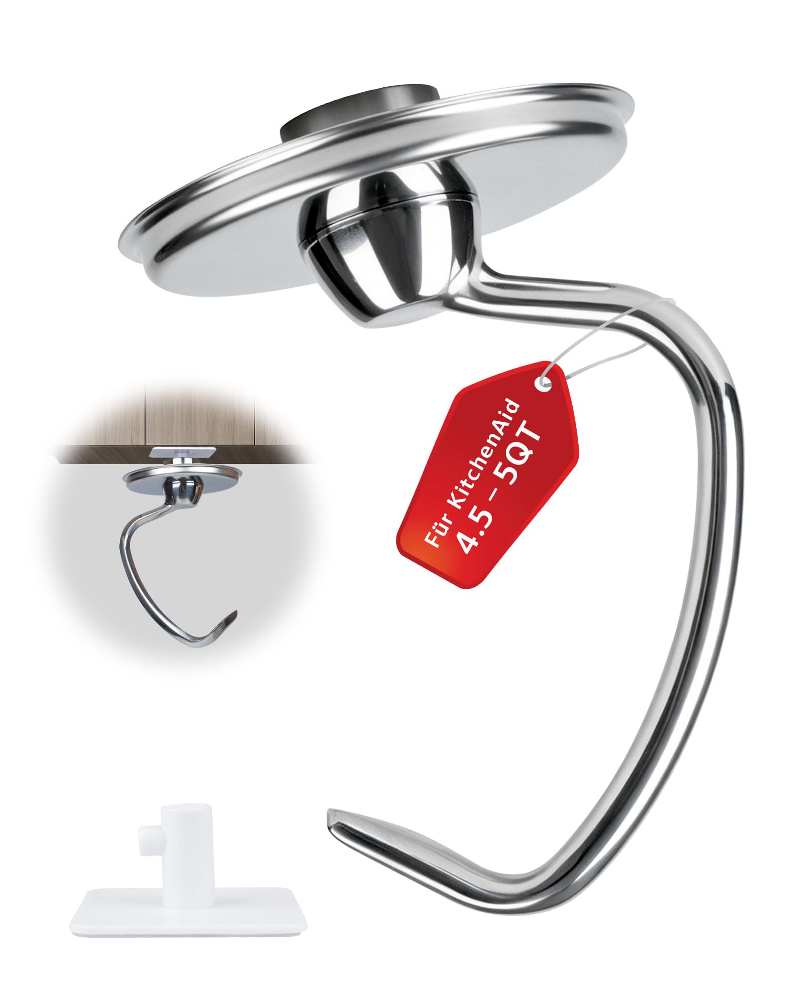 Knethaken für Kitchenaid 4.5/5QT Edelstahl Knethaken, Teigpeitsche für Standmixer, Artisan Rührhaken Geeignet für KSM150 K45 K45SS KSM75 KSM175 Ersatz, Spülmaschinenfest
