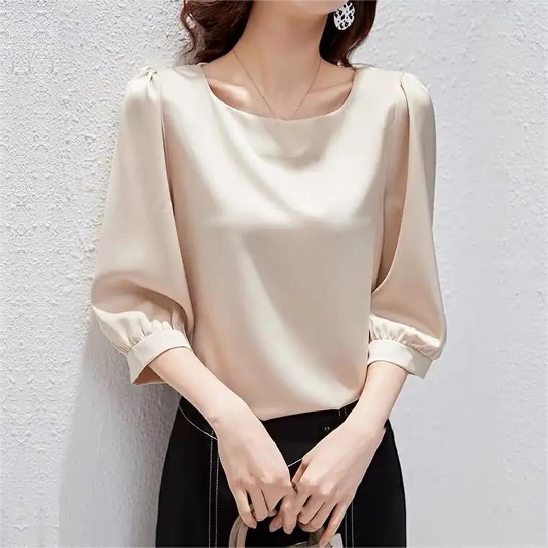 Yeuyyben Donne Elegante Raso Tre Quarti Manica Camicette Vintage Ice Silk Camicia Donna Casual Allentato Lanterna Manica Top