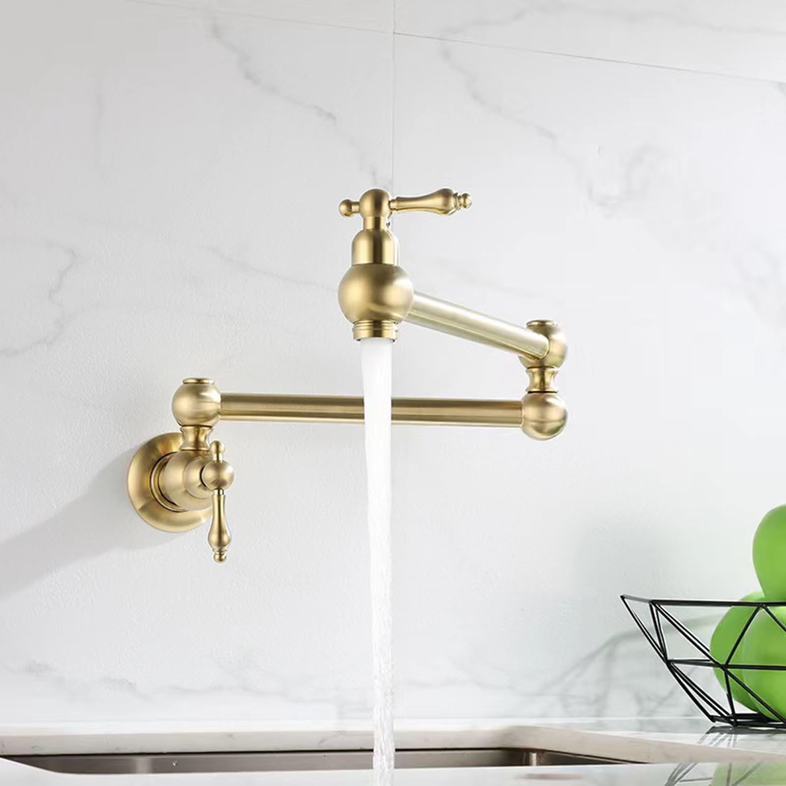 Faucet Pieghevole da Cucina a Muro a Muro a Doppia Maniglia Rubinetto Ottone Freddo, Nero