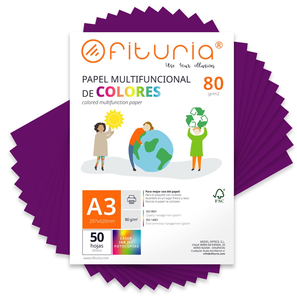 Coloured Sheets, Pack 50 Sheets A3 80 g – Coloured Paper for Crafts, Printer, Scrapbooking – Folios Colours – Ideal Origami, Papiroflexia, Office and School (Purple, 50h)