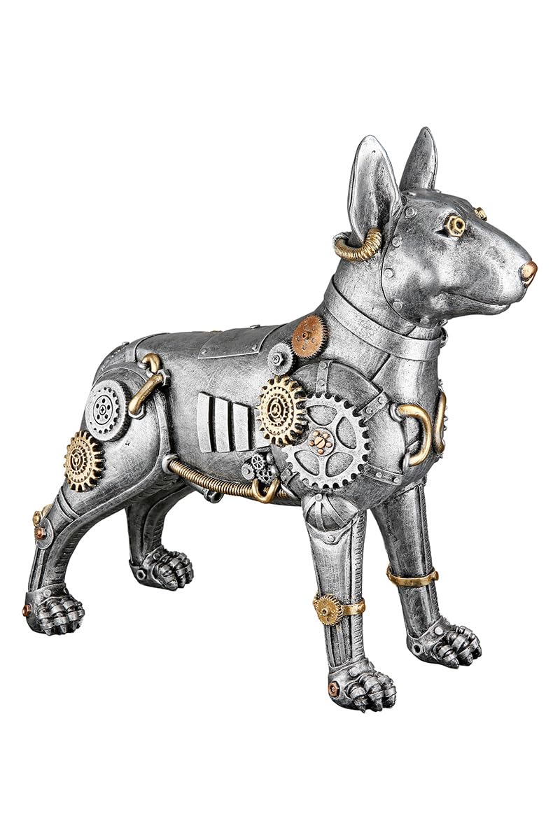 Casablanca dekoracyjna figurka pies Pitbull – figurka zwierzęca w stylu steampunk z żywicy syntetycznej – kolor: antyczne srebro – wysokość 29 cm