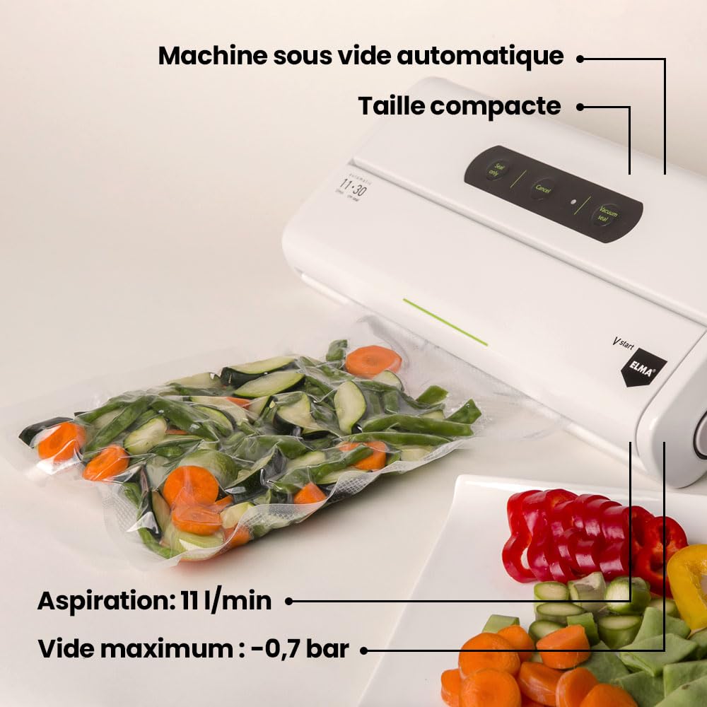 ELMA Machine sous vide domestique V Start, machine sous vide alimentaire | Taille compacte, emballage automatique avec barre d'étanchéité de 30 cm | Blanc, 34 x 15 x 7 cm, 175 W | Comprend des sacs