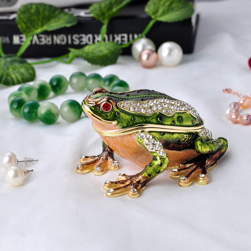 Frog Jewelry Box Golden Crystal Enameled Hand-Painted Hinged Frog Trinket Box, Elegant Home Décor & Unique Gift for Animal Lovers - Image 3