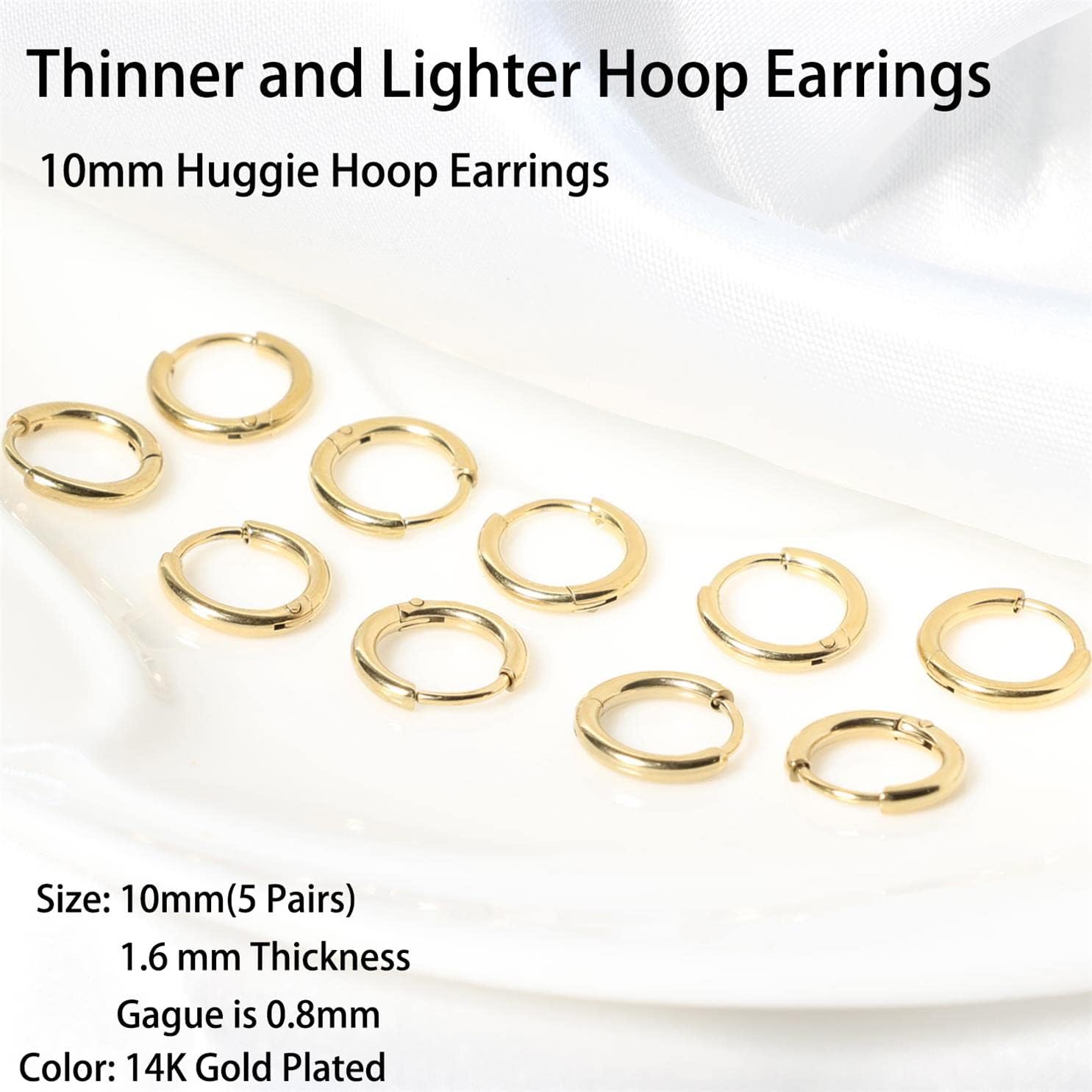 Dainty Small Gold Hoop Earrings for Women Set: 5 Pairs Lightweight 14K Gold Minimalist Huggie Hoop Earrings Cartilage Hoop Earring Helix Earring Tiny Gold Hoops for Women Men 1.6MM Thickness Hypoallergenic Earring Sets for Multiple Piercing - Image 3