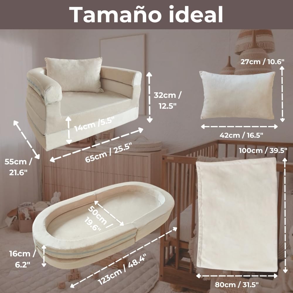 Wonder Space Sofá de espuma premontado para niños con manta y almohada, sofá convertible 3 en 1, silla de salón plegable para interiores y cama plegable para niños y niñas (marfil)