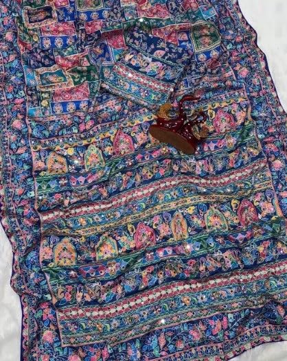 Image of Women's Chinon Silk Saree with Printed Design, Mirror Work & Zari Woven Detailing | Ethnic Wear Saree with Unstitched Blouse Piece | Traditional Festive & WeddingWear