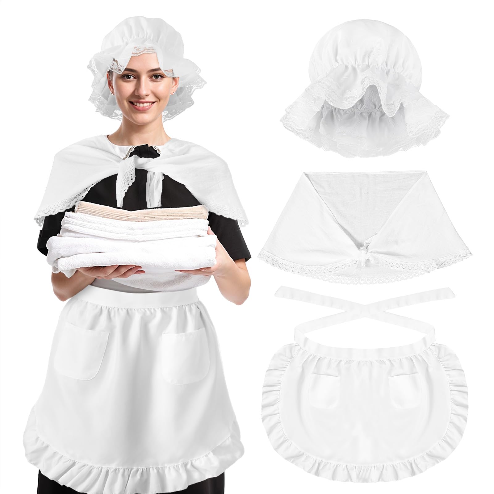 3 Pcs Victorian Costume Women, Women's 1940s Clothing, Colonial White Bonnet,Lace Shawl, and Ruffle Waist Apron with Pockets, Maid Dress for Halloween Cosplay Historical Reenactment, School Activities