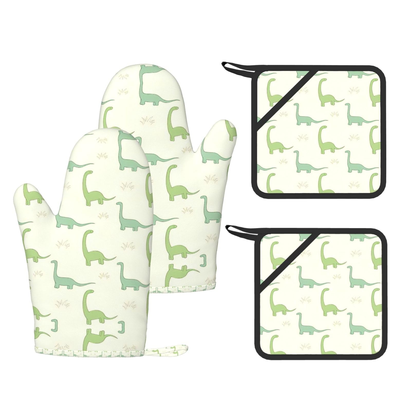 Eeprty Black Dinosaur Printed Kitchen Oven Gloves And Potholder 4 Pcs, Non-Slip Heat Resistant Mitts For Baking Chef