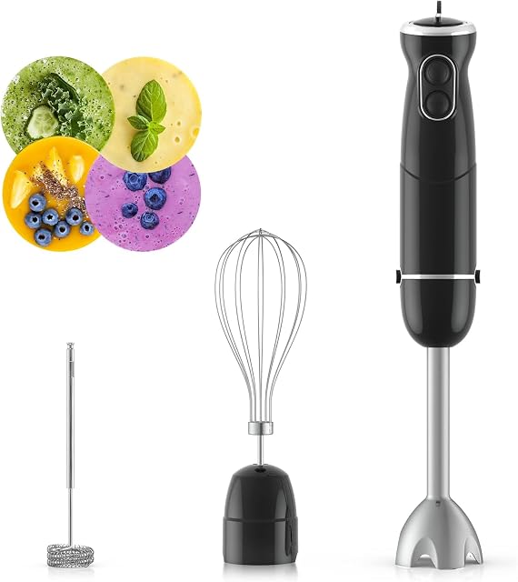 Hand Blender, 3 in 1 Multi-Purpose Hand Blenders for Kitchen, 6 Speeds Electric Stick Blender with Turbo Button, Food Blender with Stainless Steel Egg Whisk and Milk Frother Attachments