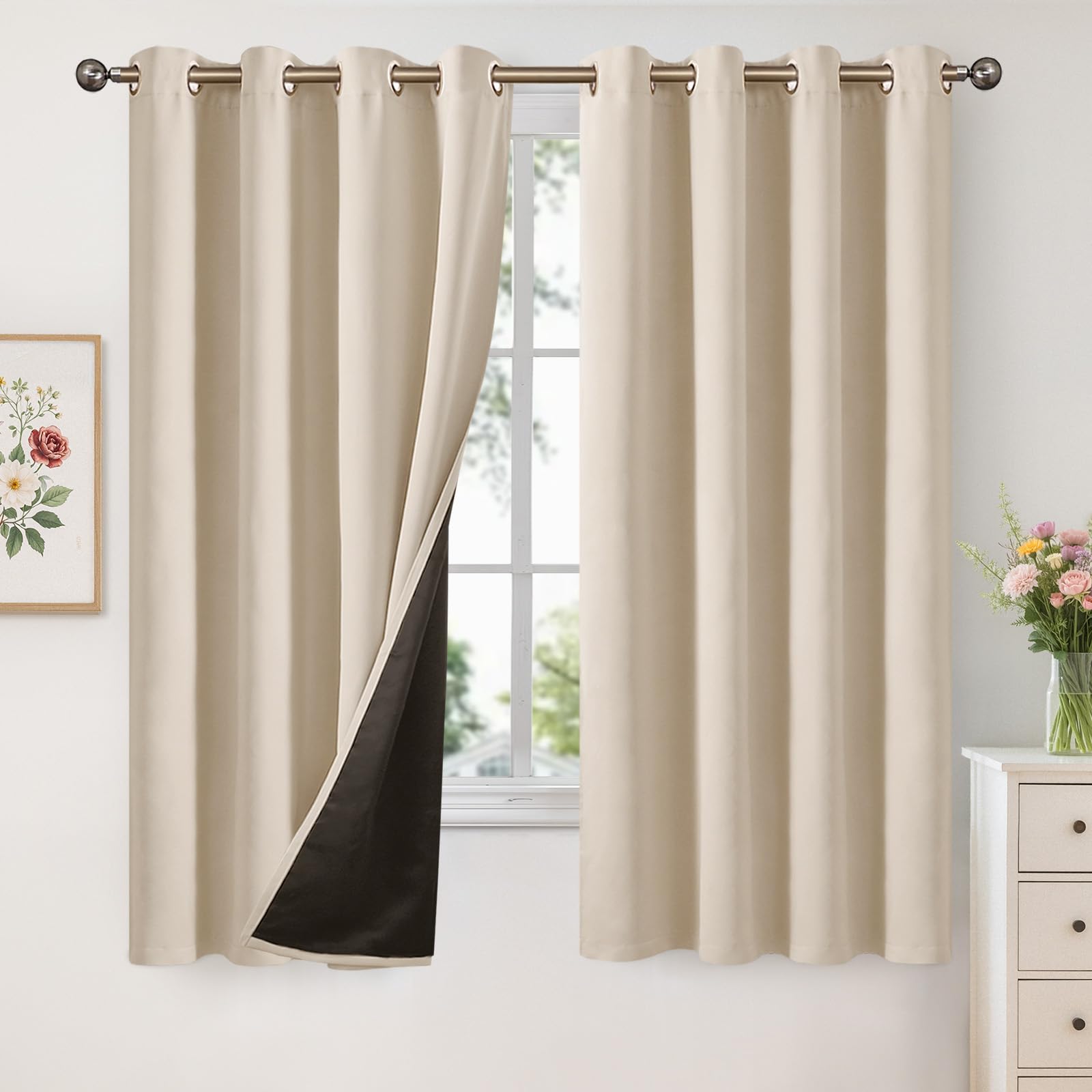 YoungsTex 100% Blackout Curtains 63 Inch Length for Bedroom, Champagne Black Out Drapes with Grommet Thermal Insulated for Living Room Window Energy Saving, 2 Panels, 52 X 63 Inch