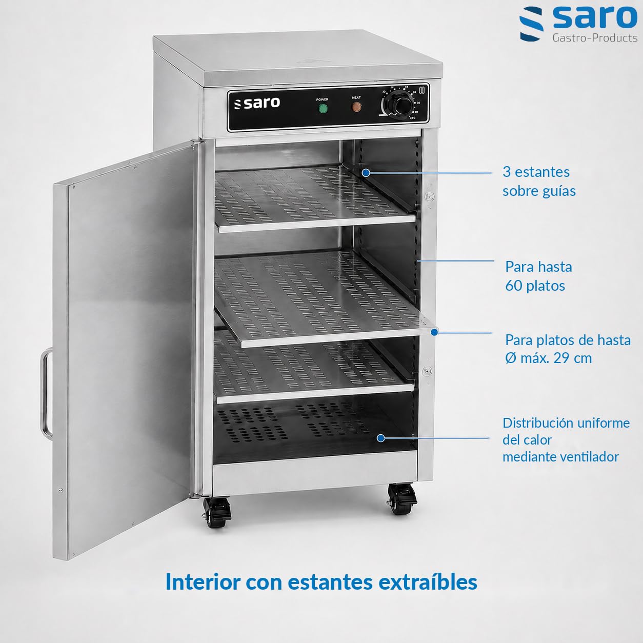 SARO TW 60 Armario calientaplatos, 60 platos de 29 cm Ø, acero inoxidable, 3 compartimentos, ruedas con freno, temperatura +35 a +85 °C