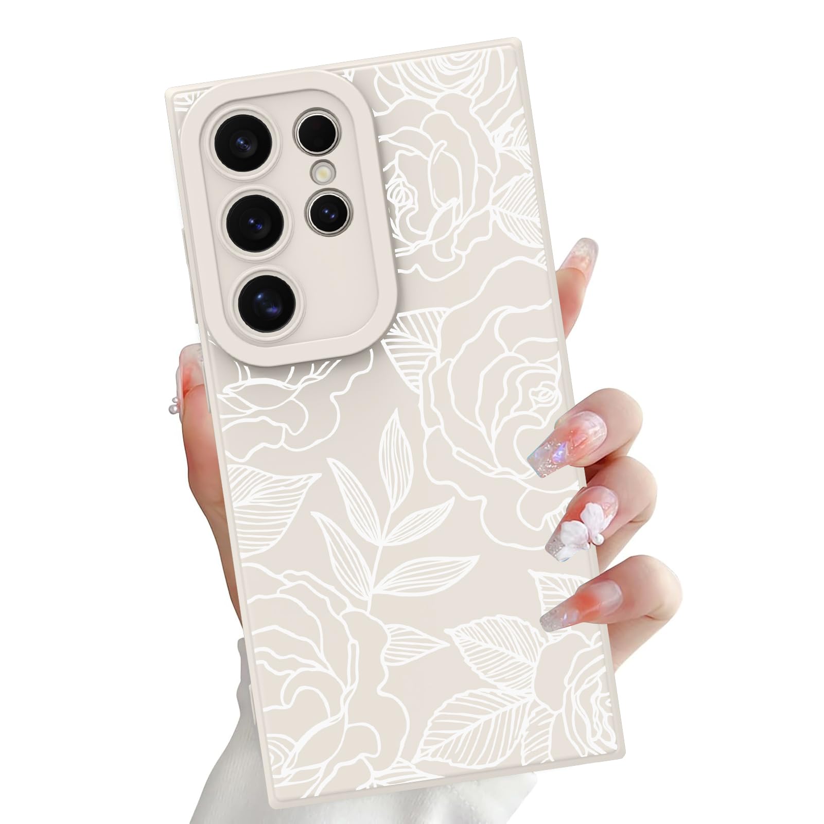 OOK Compatible with Samsung Galaxy S24 Ultra Case, Silicone White Flowers Floral Rose Cute Pattern, TPU Camera Protection Soft Slim Shockproof Phone