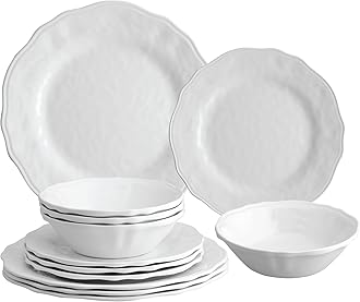 UPware 12 Piece Dimple Melamine Dinnerware Sets, Outdoor Dishes Set, Plates and Bowls Sets, Service for 4, White