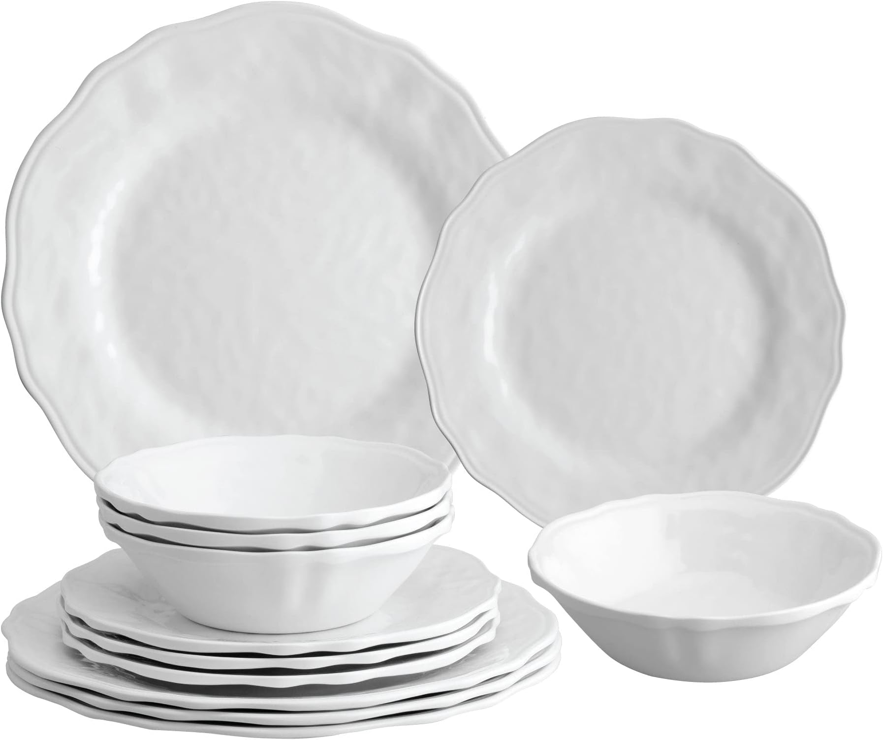 UPware 12 Piece Dimple Melamine Dinnerware Sets, Outdoor Dishes Set, Plates and Bowls Sets, Service for 4, White