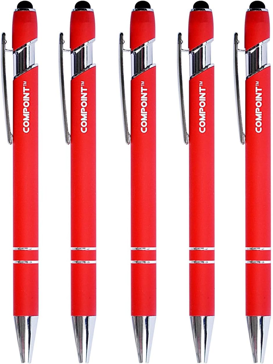 COMPOINT Slim Screen Touch Stylus, 2-in-1 Ink Ballpoint Ball Pen, and Slim Stylus for Universal Tablet SmartphoneWith built-In Clip For Easy Carrying, Red, 5-PACK