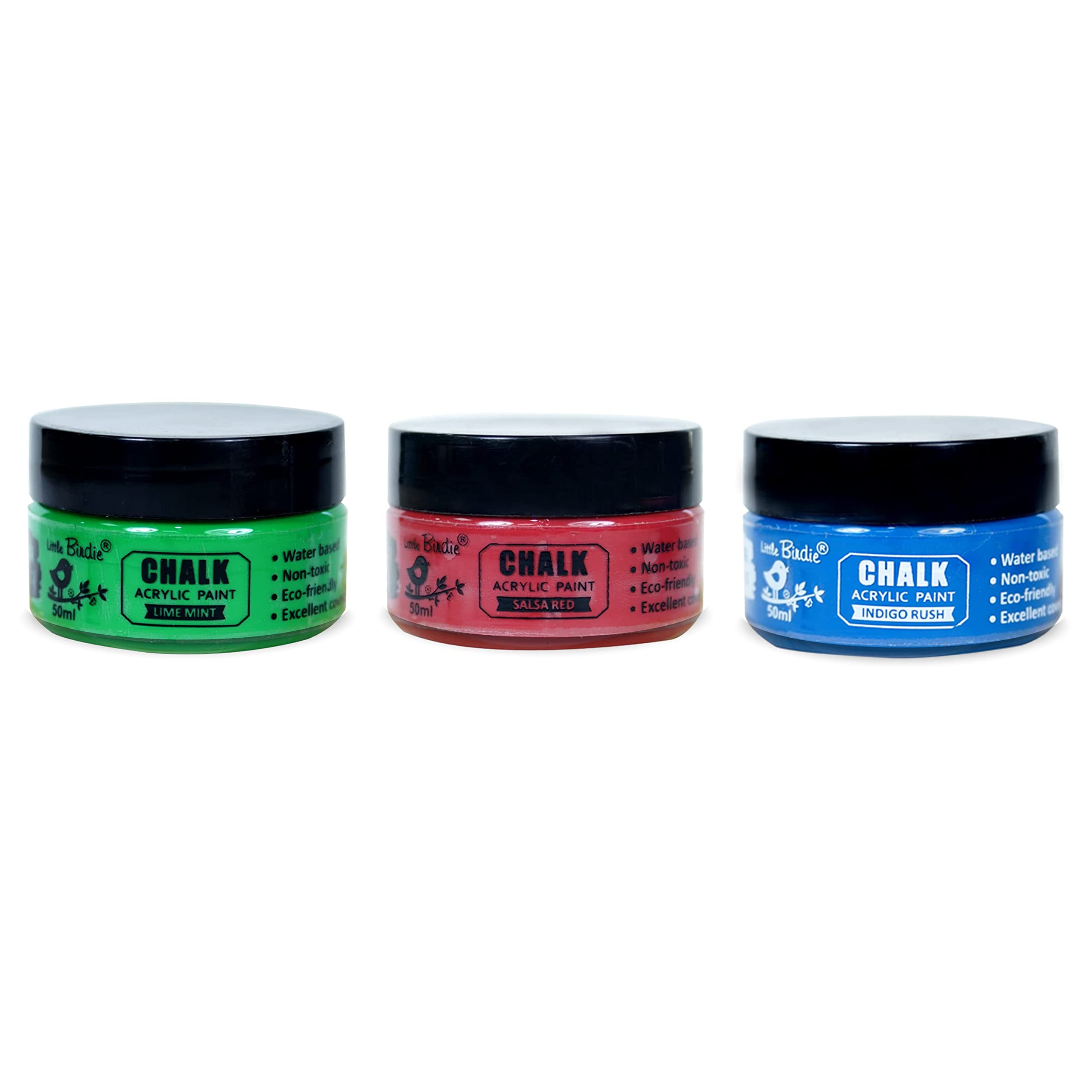 Little Birdie Chalk Paint 50ml - Lime Mint, Salsa Red, Indigo Rush |Chalk Paint for Wood Furniture, Wall, Home Decor, Glass, Matte Acrylic Chalk Paint| Multi Surface Paint (Pack of 3)