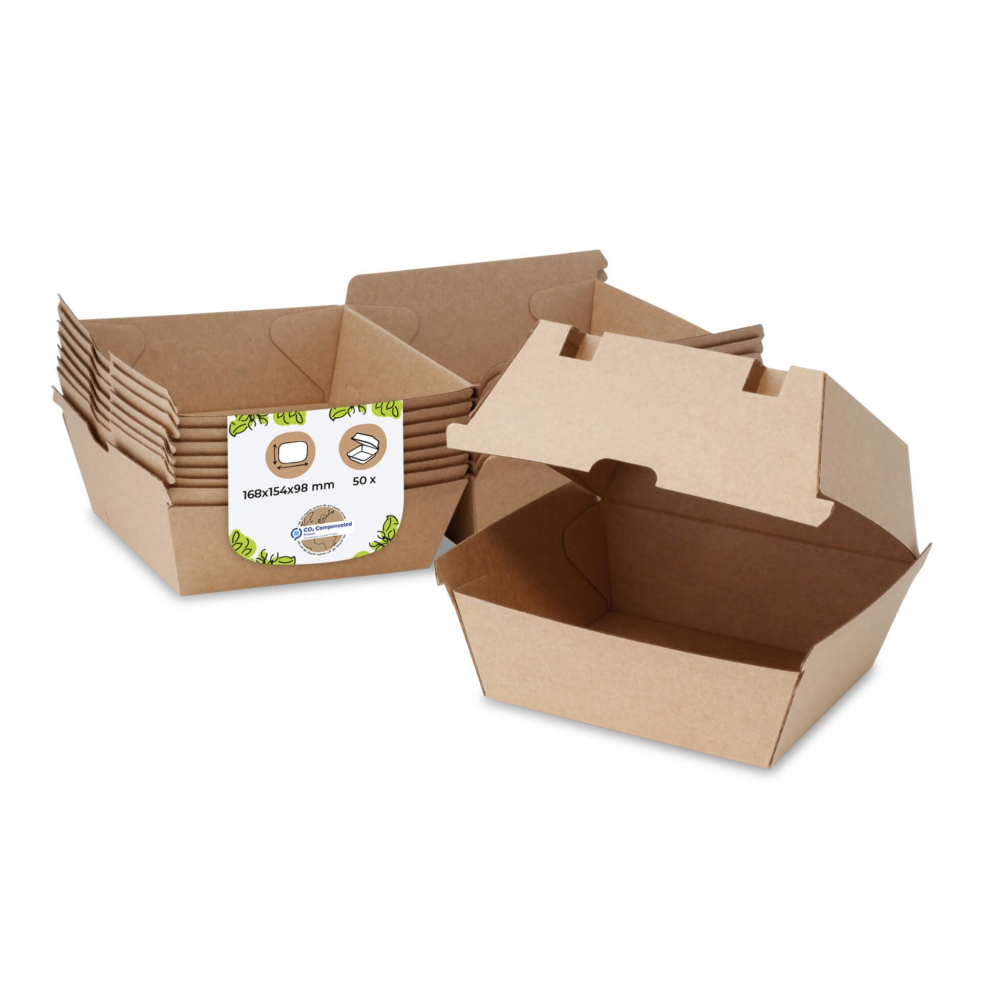 BIOZOYG Take Away Burger Box 50 piezas I robustas cajas de hamburguesas con tapa de bisagra alta I embalaje para To Go Burger de cartón kraft marrón 16,8 x 15,4 x 9,8 cm I biodegradable