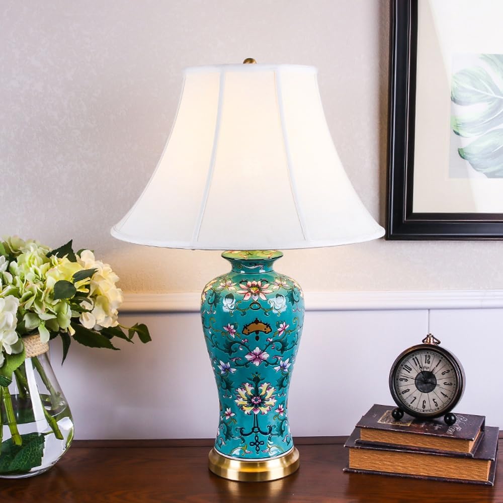 Lampa Stołowa, Ceramiczna Lampa W Stylu Amerykańskim Do Salonu - Lampka Nocna Z Lnianym Abażurem, Lampka Nocna Do Sypialni, Lampka Nocna Z Przyciskiem, Pilot Zdalnego Sterowania