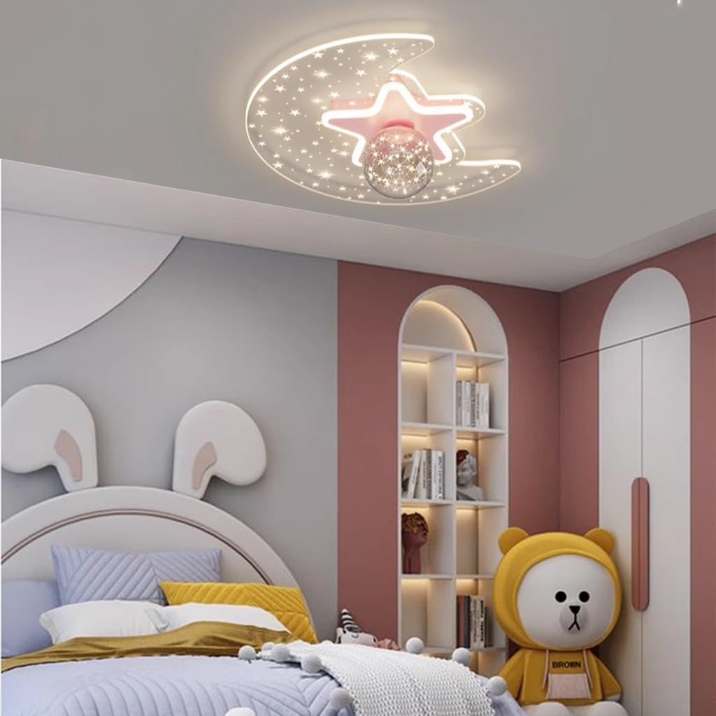 Plafoniera For Cameretta For Bambini LED Dimmerabile Ragazzi Ragazze Camera Da Letto Lampade Da Soffitto Decorativa Moderna Stella Luna Lampadario Sala Da Pranzo Soggiorno Metallo Con Telecomando(Pink