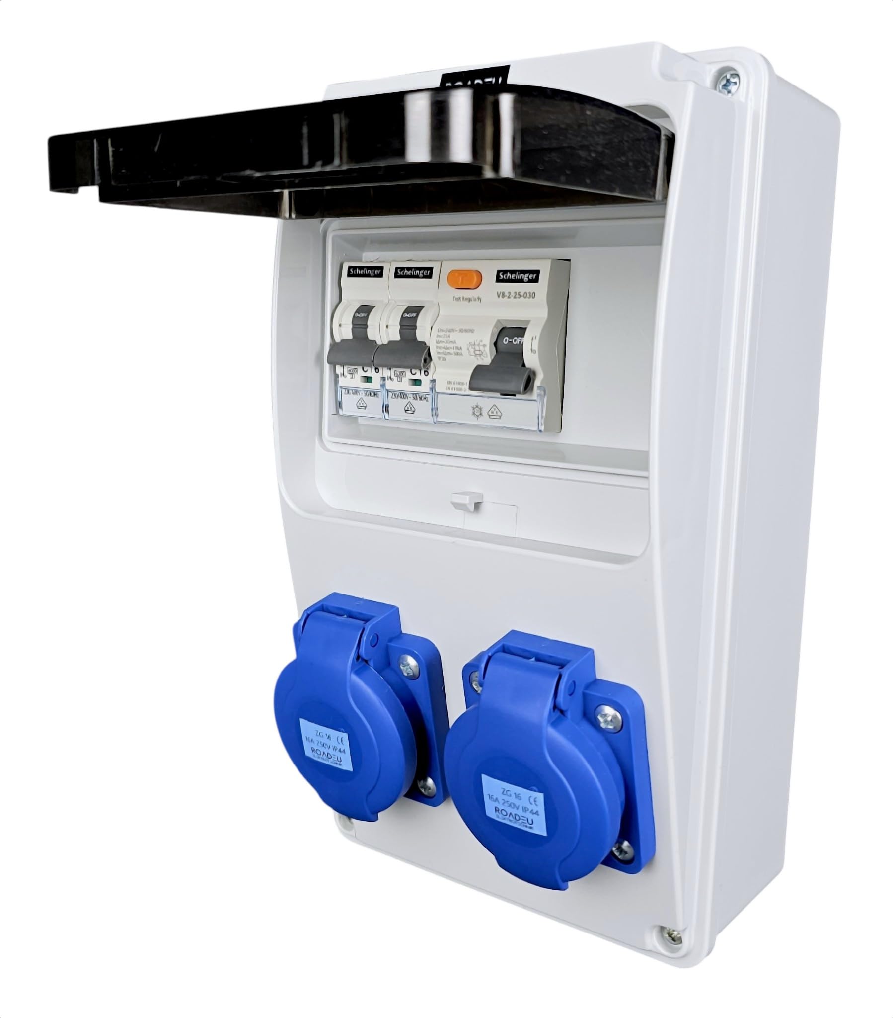 RoadEu - Stromverteiler 230V. 2x Schuko Steckdose mit Sicherungsautomat 16A. Baustromverteiler 16A mit FI Schalter. Steckdosen integriert mit Sicherungskasten. IP54 Wandverteiler - Aussen Wasserdicht