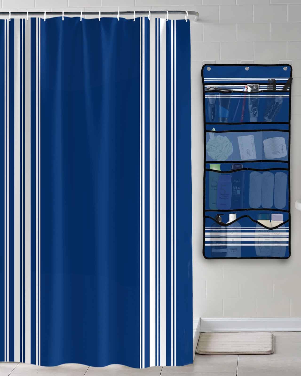TocaHome Decorative Shower Curtain Sets Blue Striped Polyester Fabric Waterproof Bath Shower Curtains Modern Blue White Stripes Mesh