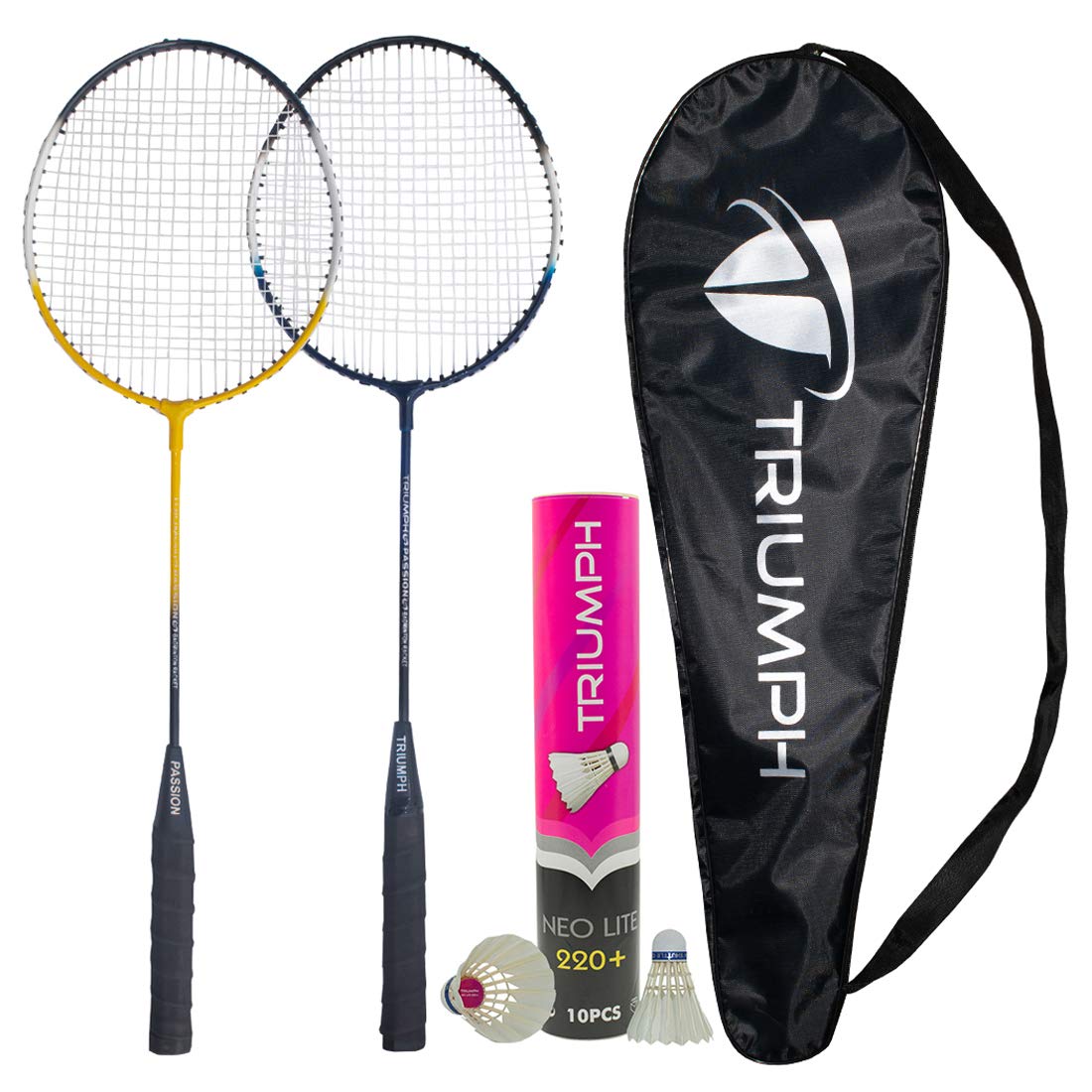 TRIUMPH Badminton Racquet, TRIUMPH PASSION Badminton Racket Set- 2 Pc Badminton Racket with 10 Pc TRIUMPH Neo-Lite 220+ DUCK FEATHER SHUTTLECOCK AND FULL RACKET COVER TO CARRY BOTH RACKETS, Perfect for Adults