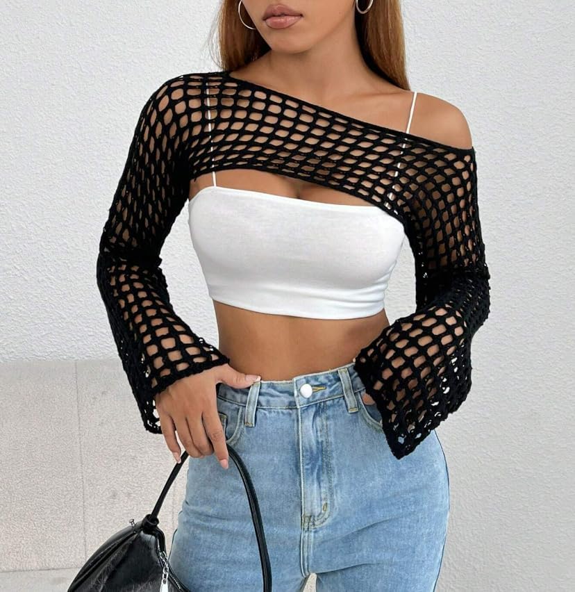 Womens Crochet Shrug Y2K Hollow Out Bolero Shrug See Through Cropped Knit Sweater Top - Image 5