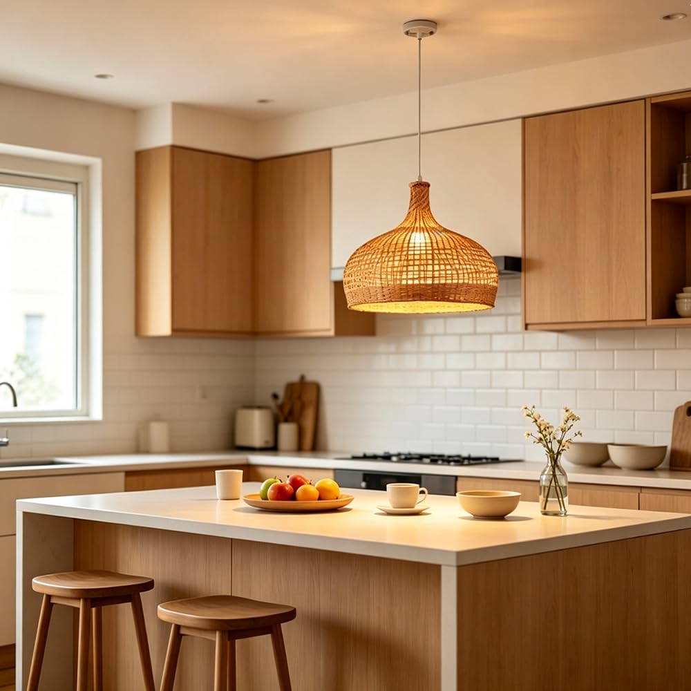 Żyrandol rattanowy Retro Simplicity, 17,7 cala, lampa stołowa do jadalni