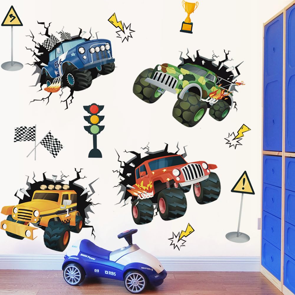 Runtoo Racing Car Wall Stickers 3D Truck Vehicles Wall Decal Boys Kids Bedroom Nursery Classroom Playroom Home Decor Gift - Image 2