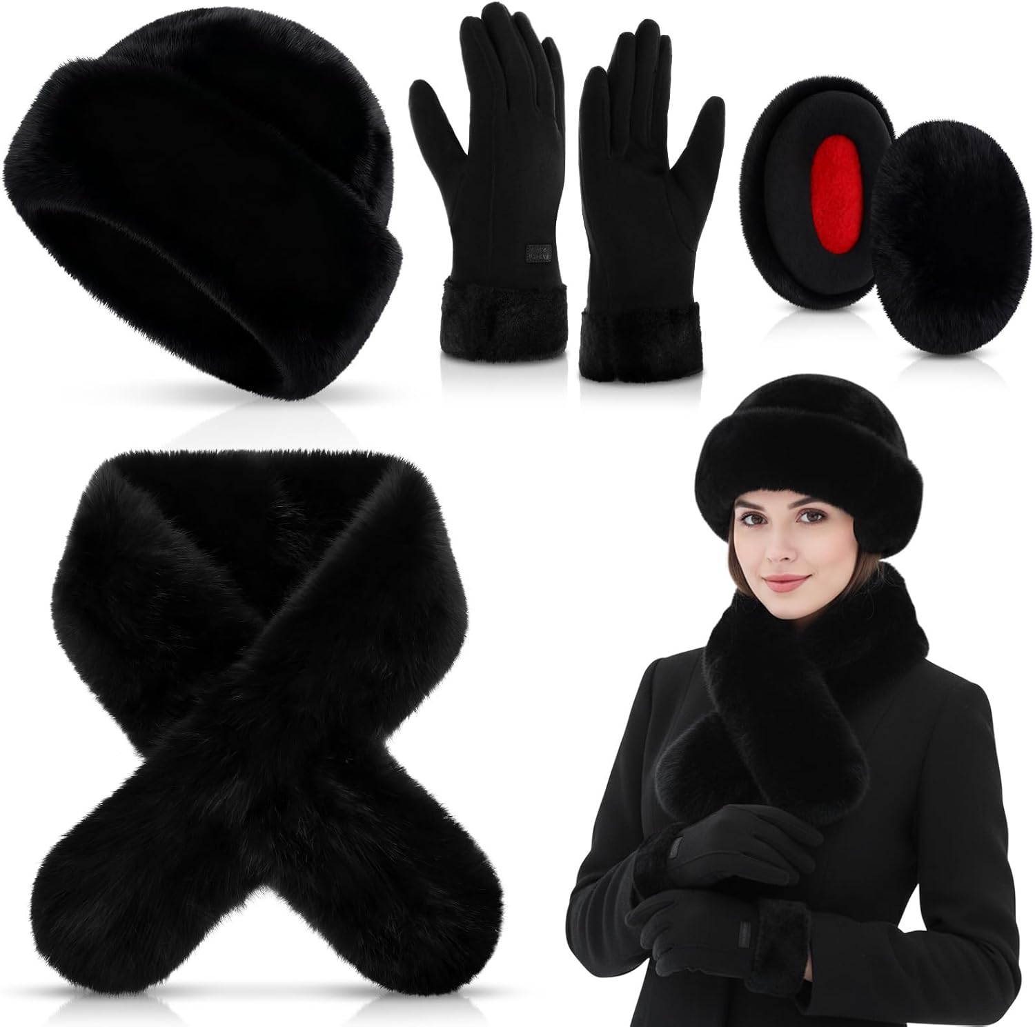 Mepase 4 Pcs Women Winter Faux Mink Fur Mongolian Hat with Faux Fur Collar Scarf Earmuffs and Touch Screen Gloves Set