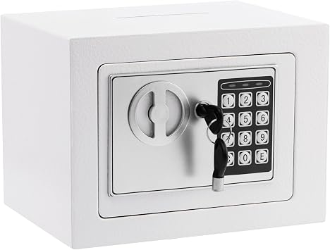 Small Safe Box With Digital Keypad & Keys - 9.05 x 6.7 x 6.7 Inches Wall Safe 0.23 Cuft Mini Security Lock for Coin Home Office Hotel Rooms Business Jewelry Gun White