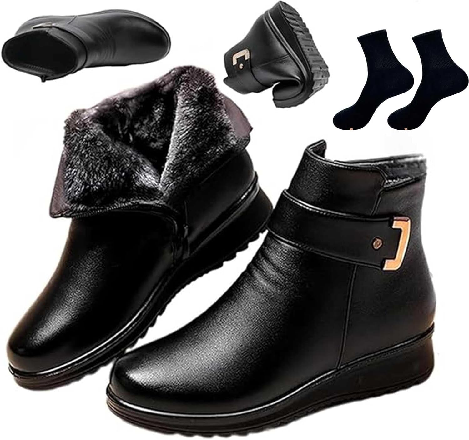 Women's Metal Buckle Genuine Leather Wool Orthopedic Boots, Orthopedic Snow Boots for Women, Winter Warm Waterproof Slip On Ankle Booties with Side Zipper