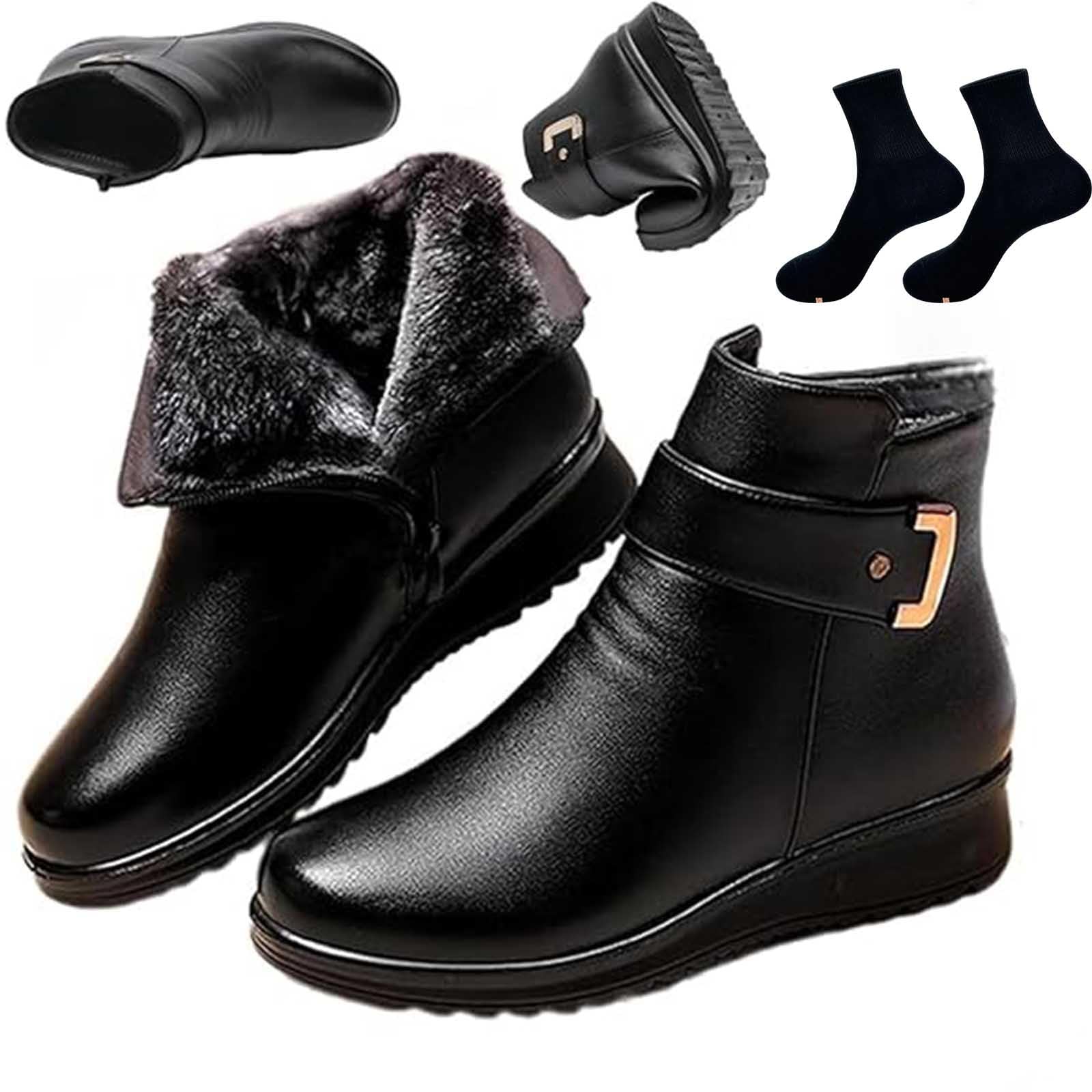 Womens Metal Buckle Genuine Leather Wool Orthopedic Boots Orthopedic Snow Boots for Women Winter Warm Waterproof Slip On