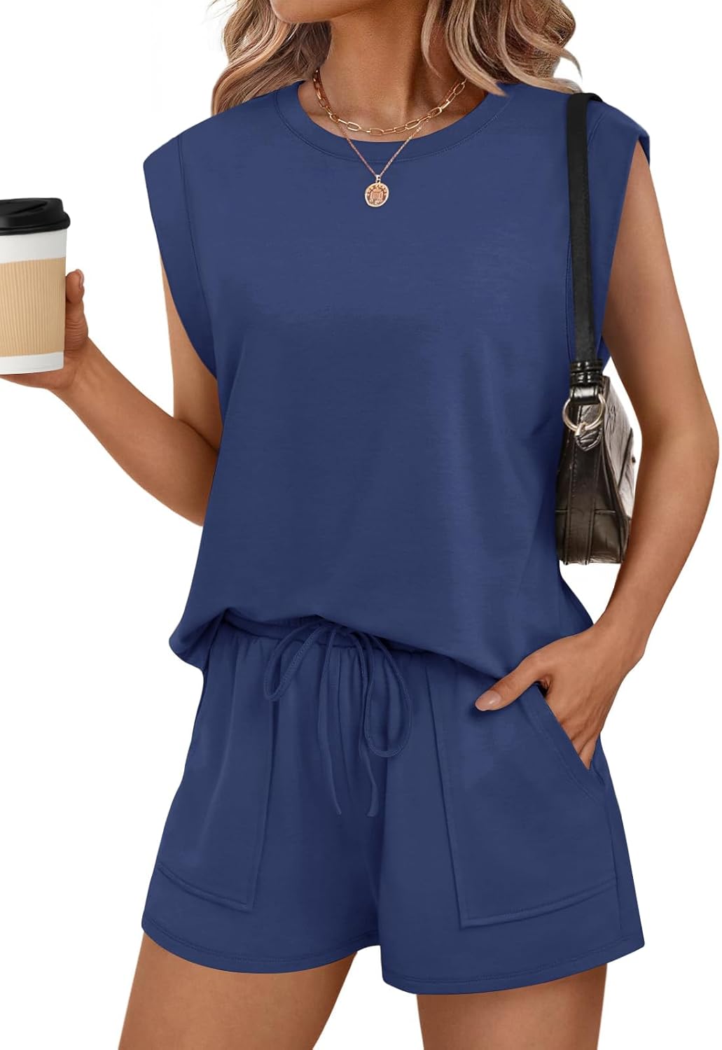 RUBZOOF Two Piece Sets for Women Summer Cap Sleeve Lounge Short Sets Crewneck Outfits with Pocket