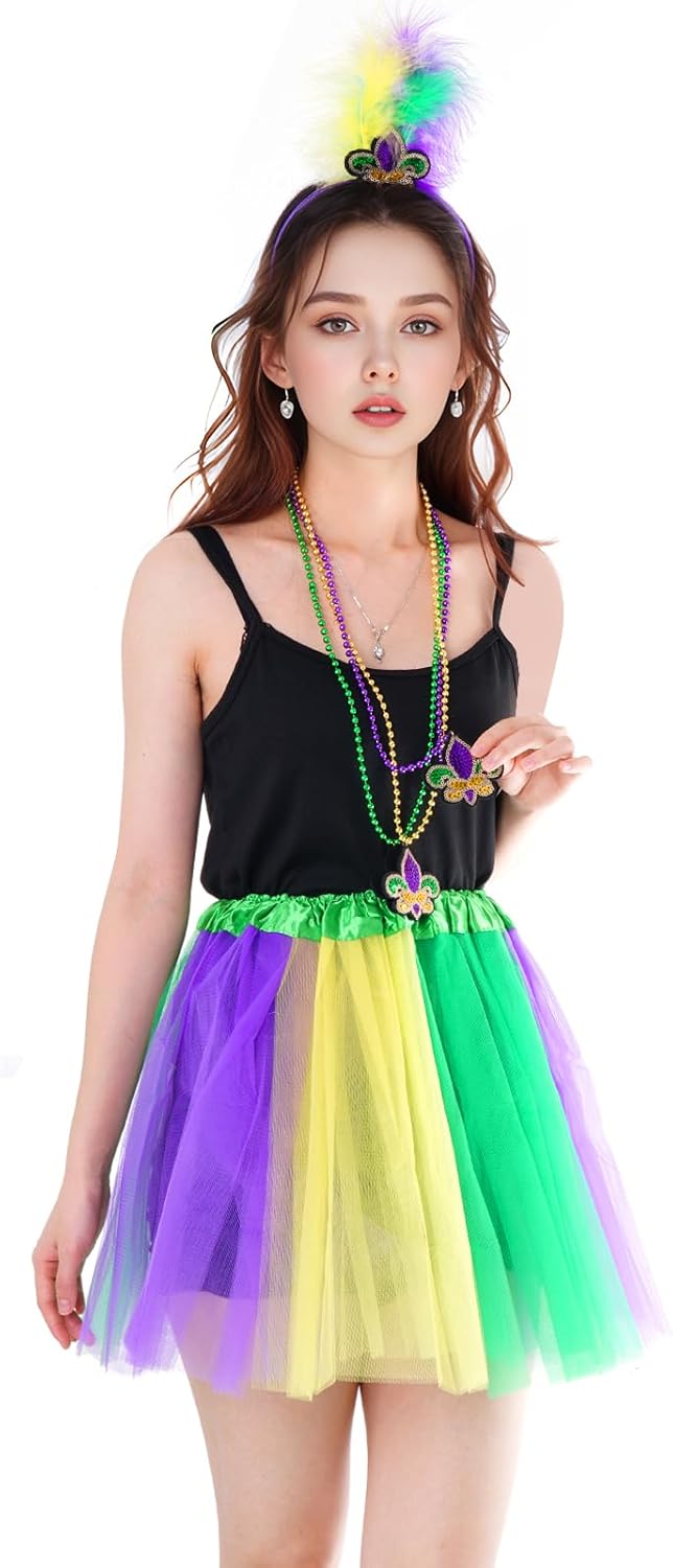 6 Pack Mardi Gras Costume Accessories Tutu Skirt Feather Headband Mask and Beads Necklaces for Carnival Parade Celebration Party - Image 6