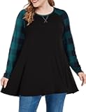 MONNURO Womens Plus Size Long Sleeve Shirts Color Block Stripe Loose Swing Tunic Tops For Leggings