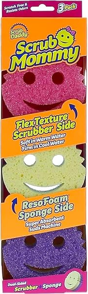 Scrubb Daddy Scrubb Mommy - Esponja abrasiva de cocina de doble cara, FlexTexture, cara sonriente, colores surtidos, 3 unidades - 1