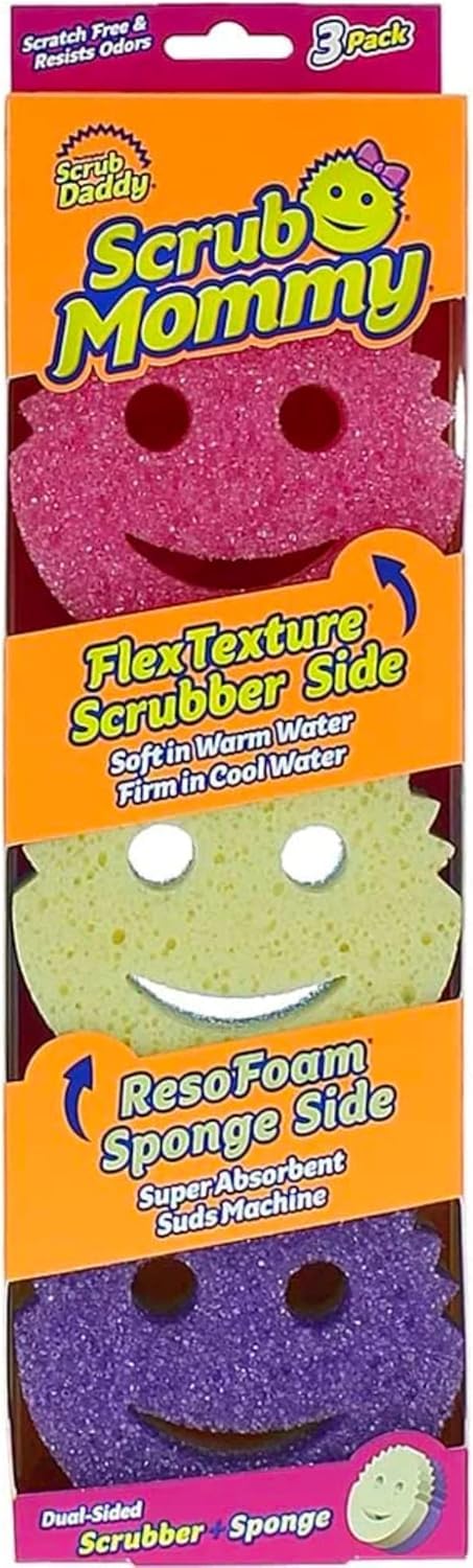 Scrubb Daddy Scrubb Mommy - Esponja abrasiva de cocina de doble cara, FlexTexture, cara sonriente, colores surtidos, 3 unidades