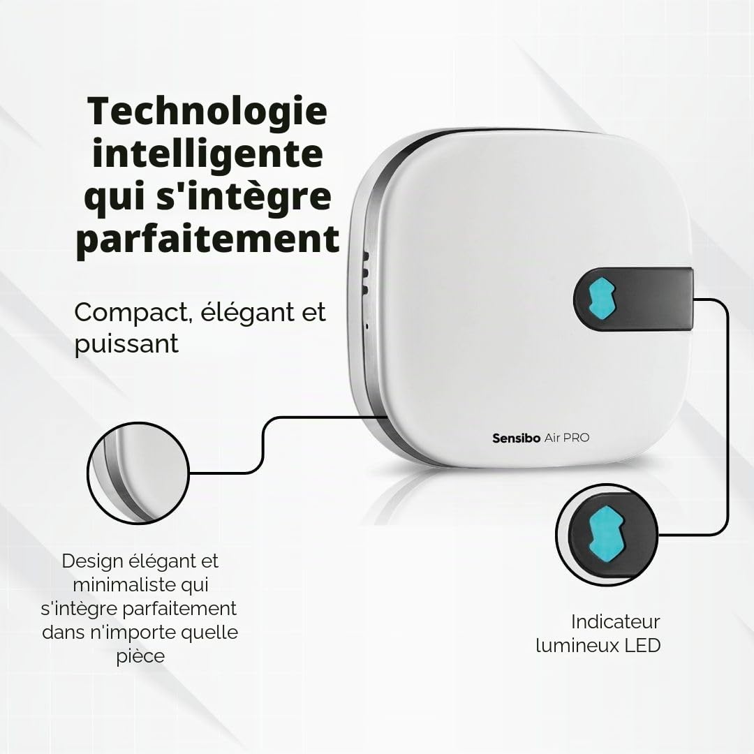 Sensibo Air PRO - Contrôleur intelligent pour climatiseur et capteur de qualité de l'air. Capteurs de temp. et humid. Thermostat pour climatiseur split, fenêtre. Google, Alexa, Siri, Apple HomeKit