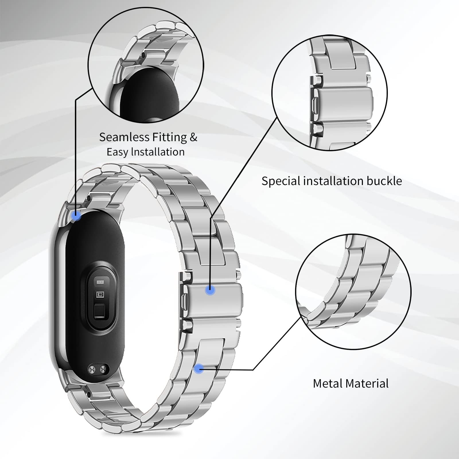 BDIG Correa Compatible para Xiaomi Mi Band 10/Mi Band 9/Xiaomi Mi Band 8, Pulsera de Repuesto de Acero Inoxidable Hebilla Ajustable Correa para Mi Smart Band 10/9/8 Plata (Reloj No Incluido) — view 3