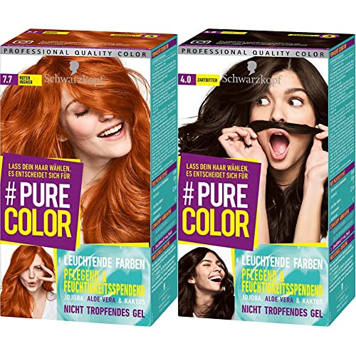 Pure Color Schwarzkopf Coloration Haarfarbe 7.7 Roter Ingwer Stufe 3(1 x 143 ml) & Pure Color Coloration 4-0 Zartbitter Stufe 3 (143 ml), dauerhafte Haarfarbe für leuchtende Farben Cover